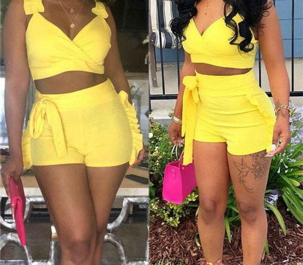 

two piece set 2020 summer women crop high waist shorts ruffles bow outfits ladies yellow slim matching clothes sets, Gray