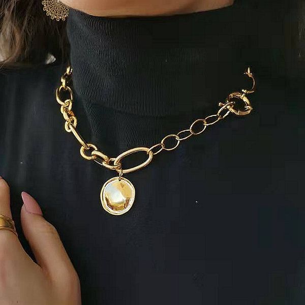 

aensoa fashion metal round geometric pendants choker necklaces for women gold color charm chain necklace collar 2020 jewelry, Silver