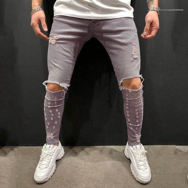 

street style mens pants autumn mens designer jeans fashion casual slim washed and ripped pencil jeans, Blue