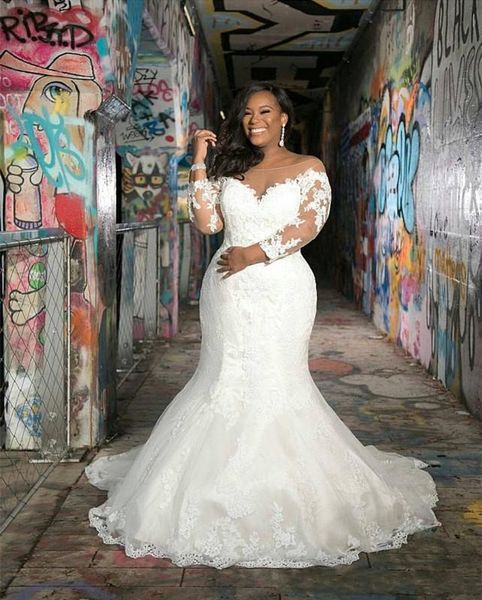 Chegada Nova Africano nigeriano Plus Size sereia casamento vestidos longos Illusion mangas Lace Sheer Neck vestido de casamento vestidos de noiva