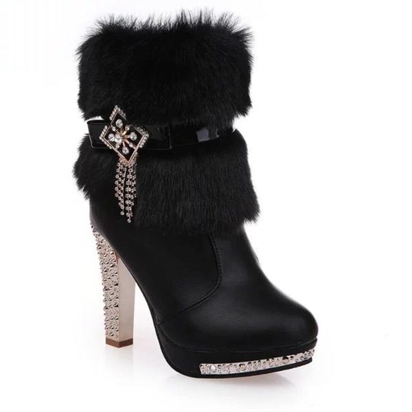 

warm fur plush winter boots for women shoes woman solid boots rivet rhinestone square high heels zipper ankle, Black