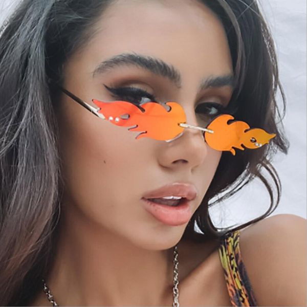 

sunglasses dave 2021 fashion rimless wave women fire flame sun glasses female vintage shade mirror eyewear uv400, White;black