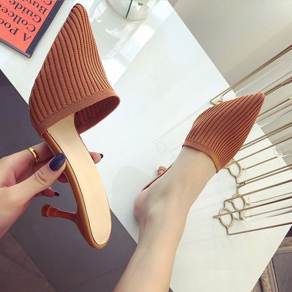 

pumps ladies pointed toe 2020 women's breathable high heels classic solid thin heels shoes female knitted casual slingback, Black