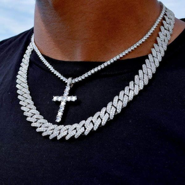 

iced out wide chain choker necklaces with white cz paved 12mm cuban link chain hip hop jewelry for men women drop shipping, Silver