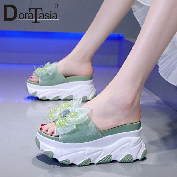 

doratasia new summer fashion high wedges slides concise pearl summer slippers women sweet butterfly-knot platform shoes woman, Black