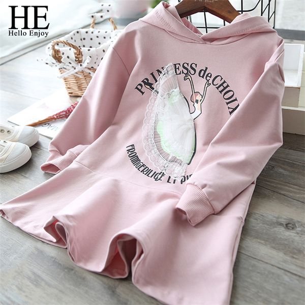 

he hello enjoy girls dresses 2020 new autumn children's wear girls sweet swan dance ruffle long-sleeve hooded sweater dress, Red;yellow