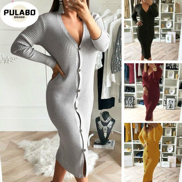 

v neck long sleeve knitted midi winter dress women spring autumn single-breasted open stitch bodycon party dress vestido, Black;gray