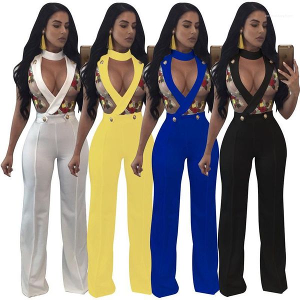 

gauze hollow out halter romper fashion female clothing summer womens designer jumpsuits sheer 3d flora printed, Black;white