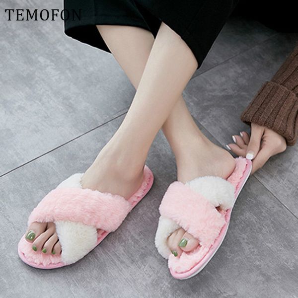 

temofon winter home slippers women comfort warm ladies shoes slip on furry house slippers flats slides women home shoes hvt1287, Black
