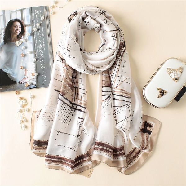 

2020 new spring women's fashion pure silk scarf ladies' printed soft foulard shawls long size bandana, Blue;gray