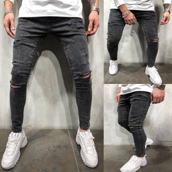 

men's jeans mens stretch destroyed fashion skinny ripped design for men brand hip hop denim trousers male pencil pants 3xl, Blue
