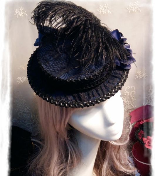 

deluxe retro court flower feather gothic lolita mini flat hat, Blue;gray
