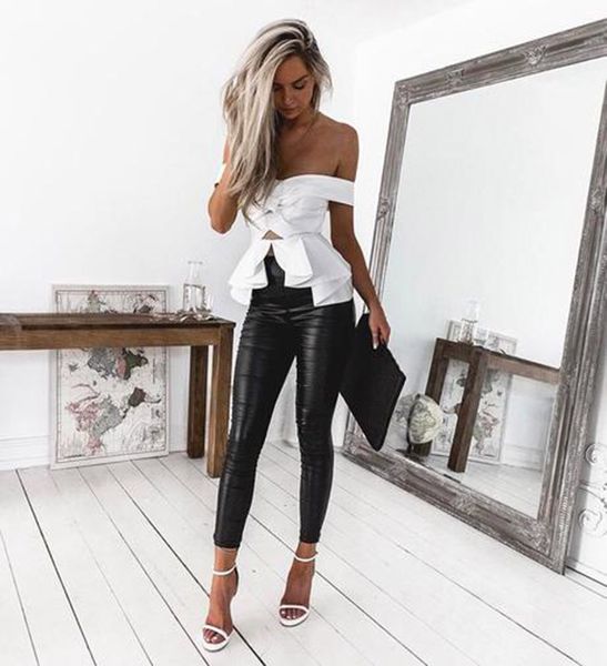 

women's high waist skinny stretch pencil pants ladies slim fit trousers pu leather/leopard/python skin printed trousers, Black