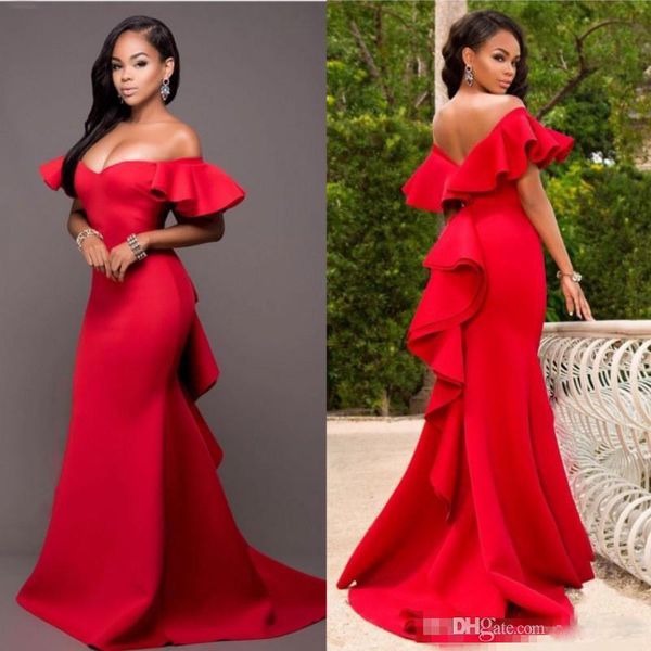 

gorgeous red off shoulder prom dresses 2020 satin backless mermaid evening gowns saudi arabia ruched sweep train formal party dress, Black;red