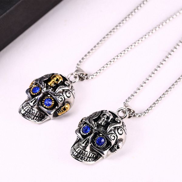 

pendant necklaces hip hop stainless steel blue eyes skull punk pendants for men rapper jewelry gold silver color drop