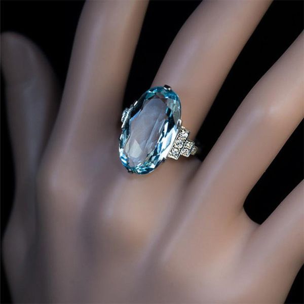 

februaryfrost brand big oval sky blue stone women bridal band rings delicate female wedding engage party elegant present for wife & mother, Golden;silver