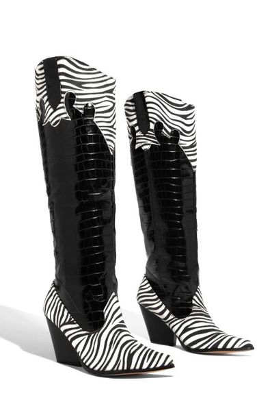 

knee high boots pointed toe chunky block zebra printing for women pointed toe high heels shoes ladies thick heel botines, Black