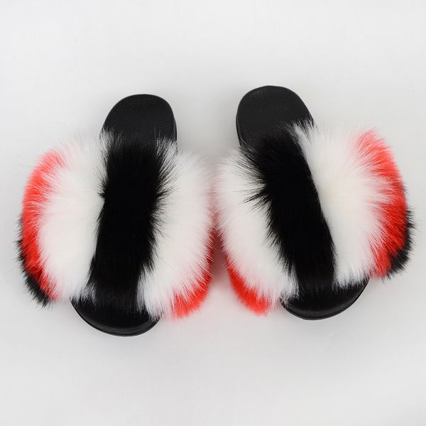 

women mixed color faux fur slippers fuzzy slides fluffy sandals open toe indoor outdoor in summer, Black