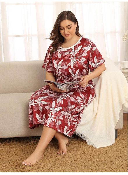 

casual female clothing plus size summer womens designer sleepwear half sleeve traditional flora printed sleep, Black;red