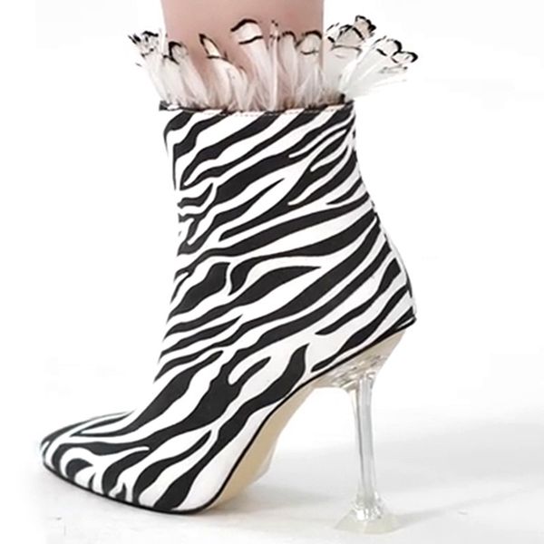 

2020 spring autumn woman ankle boots side zipper high thin heels metal zebra-stripe boots with feather fashion, Black
