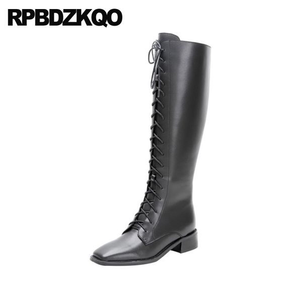 

plus size knee high lace up casual 41 boots designer shoes women luxury 2020 chunky patent leather square toe big black long new