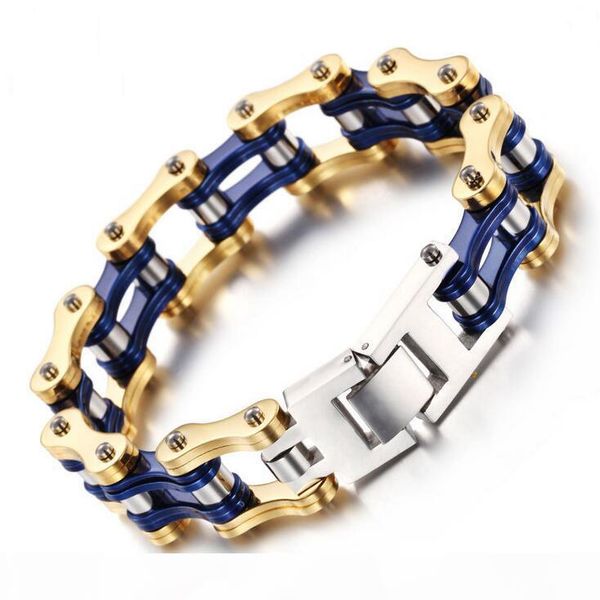 

8.66"*16mm heavy boys mens gold blue black green orange tone bike biker motorcycle link chain 316l stainless steel bracelets bangle, Golden;silver