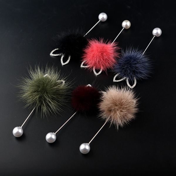 

lky fr cat ears soft fur pompom ball brooch for women pearl coat shawl pins and brooches clothes jewelry accessories, Gray