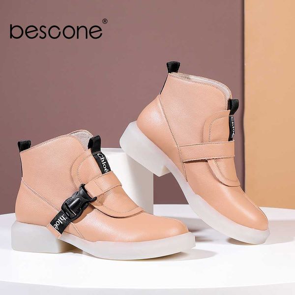

bescone stylish winter ankle boots genuine leather plastic clips decoration boots round toe square low-heel women shoes bo684, Black