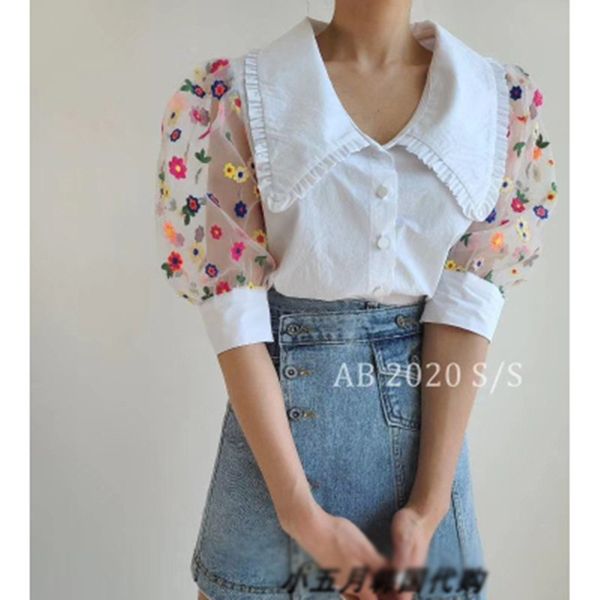 

women's blouses & shirts fashion embroidery mesh patchwork women blouse temperament office lady single breated puff sleeve shirt casual, White