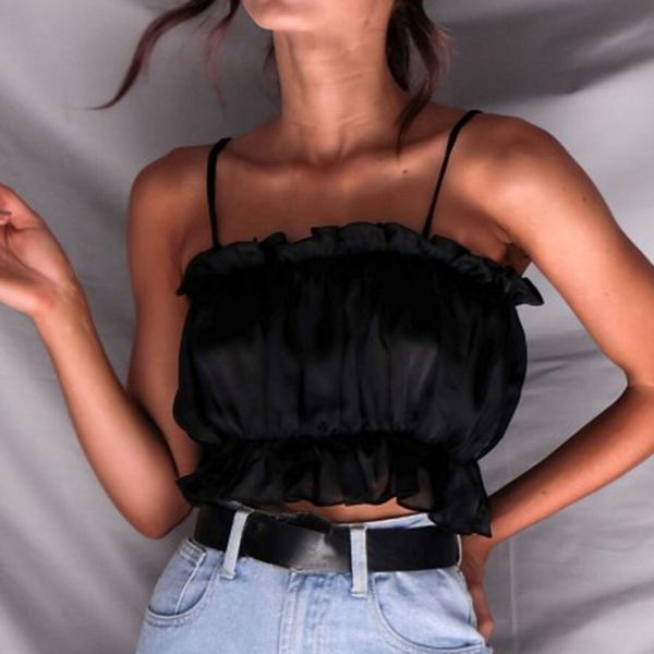 

laamei casual satin strap crop women ruffles camisole tank elastic short shirt crop vest summer tank, White