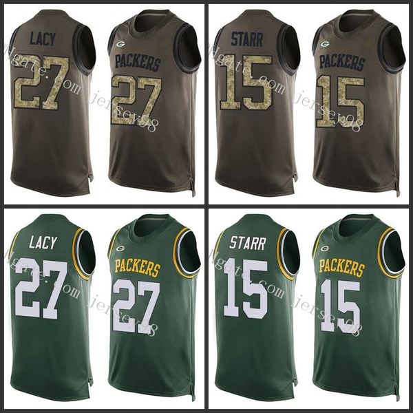

green bay packers green red nfl salute to service pressing player name & number tank 15 bart starr27 eddie lacy jersey, Black;red