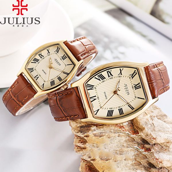 

classic men's watch women's watch japan quartz couple hours fine business retro real leather clock lover's gift julius box, Slivery;brown