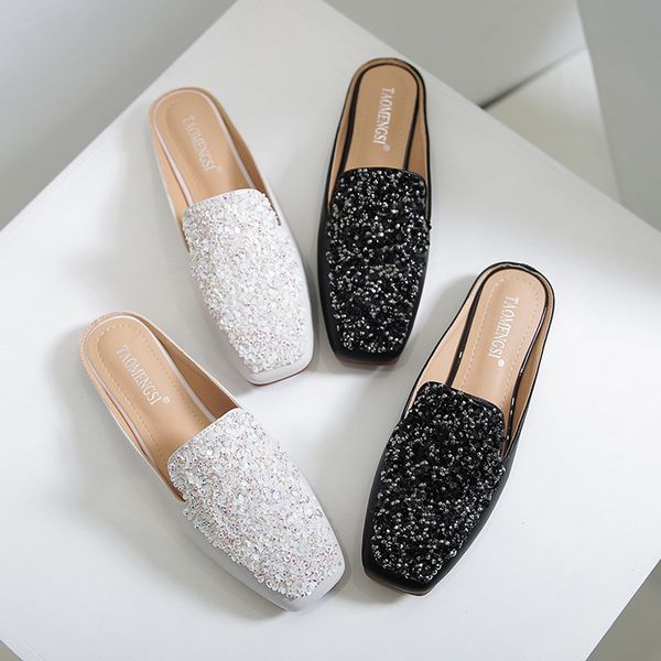 

2020 new summer tide shoes women sandals leather wild half slippers fashion sequin crystal large size 33-43 women's shoes, Black