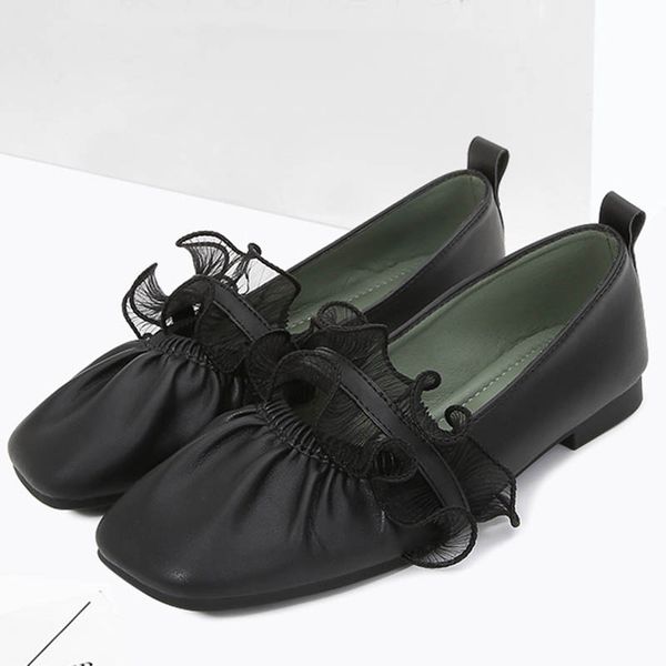 

size 34-43 lace ruffles ballet flats women loafers lazy shoes women espadrilles ballerina antiskid pleated cozy moccasins 2020, Black