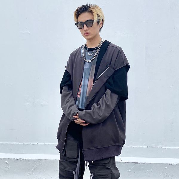 

high street detachable baseball uniform zipper jacket male ins niche autumn thin section destruction loose sweater, Black;brown
