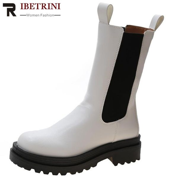 

ribetrini brand women round toe casaul daily slip on mid calf shoes women winter solid platform boots consise boots, Black