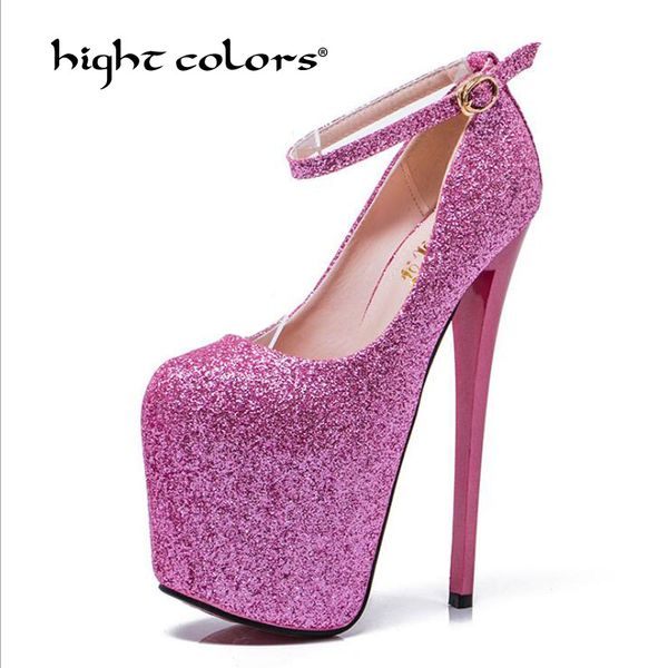 

big 34-50 fashion platform pumps women ultra high stiletto heels 19cm shoes round toe glitters sequins party wedding shoe, Black
