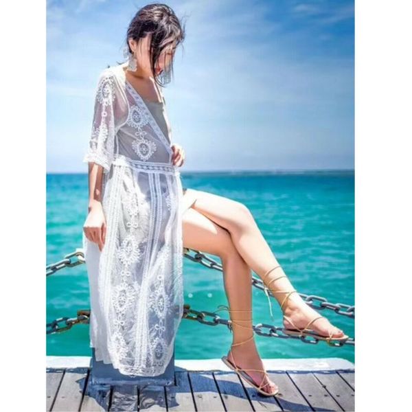 

women's swimwear 2021 boho lace sheer cover up women swimwea long white rose kimono cardigan robe holiday half sleeve beach dresses, White;black