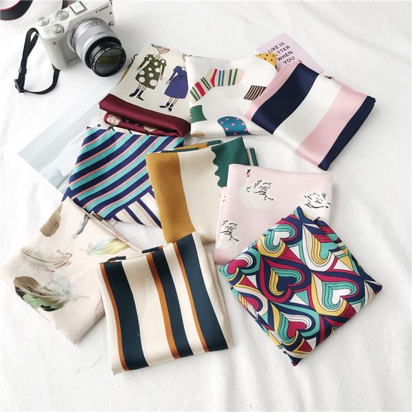 

outdoor sports women scarf silk feeling hair neck scarves square brand office printing l waiter flight attendants handkerchief rings, Black