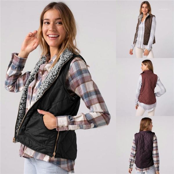 

clothing fashion jackets coats women sleeveless vest soild color designer two sides outerwear plush with packet, Black;brown
