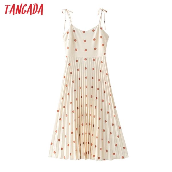 

tangada 2020 women dots print pleated dress bow strap sleeveless backless females elegant sundress 3r12 c200919, Black;pink
