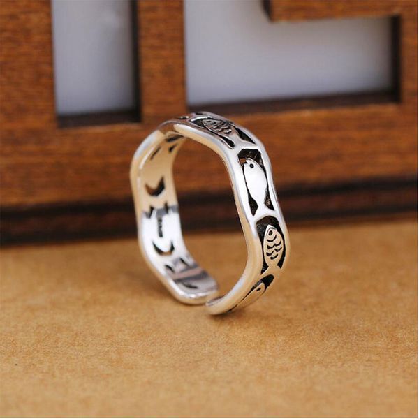 

cute fish wave adjustable opening ring thai silver color vintage retro jewelry for women men s-r270, Golden;silver