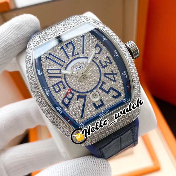 

new vanguard v45 automatic mens watch all diamond case blue inner diamond dial 3d number markers bue leather rubber watches hello_watch e178, Slivery;brown