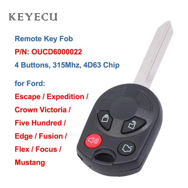 

keyecu remote car key fob 4 buttons 315mhz with 4d63 chip for mustang fusion focus flex escape 2005-2020 oucd6000022