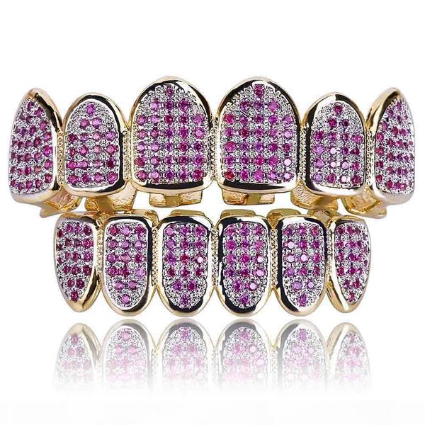 

new custom fit hiphop gold teeth grillz caps micro pave fuchsia cubic zirconia & bottom grills set for christmas gift women, Black