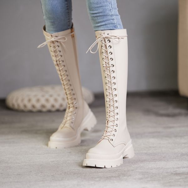 

retro genuine leather party chunky heels knee high boots vintage motorcycle boots platform cross tied round toe shoes woman, Black