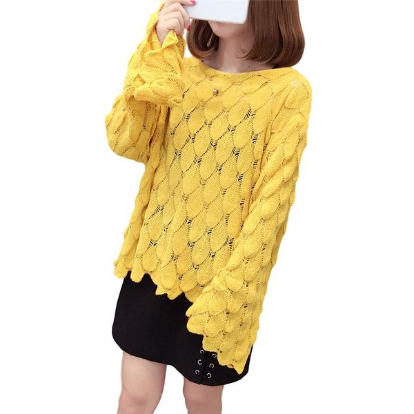 

missky women's knitted sweaters solid color spring hollow loose pullover thin trumpet-sleeve sweater female new, White;black