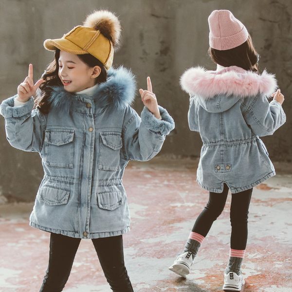 

autumn winter girls plus velvet denim jacket big kids girls fur collar thickening waist coat children hooded warm parkas outwear, Blue;gray
