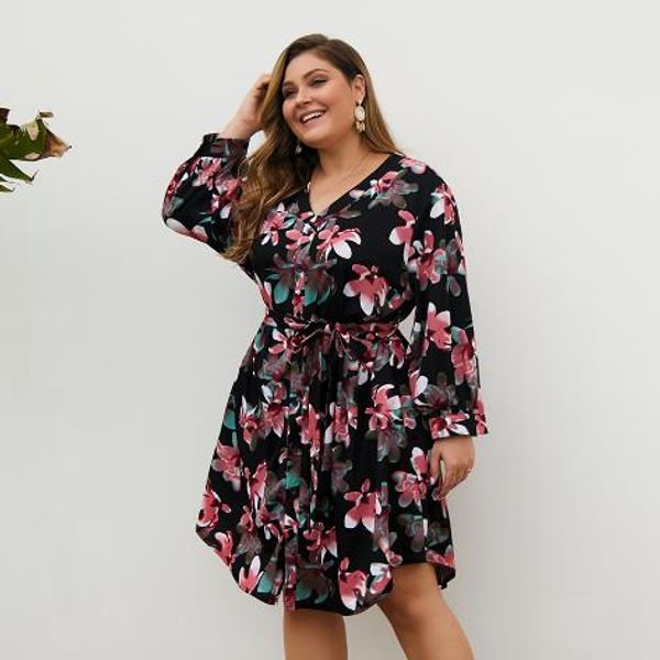 

boho dress chiffon high elastic waist party dress a-line women long sleeve flower print floral female vestido plus size xq242, Black;gray