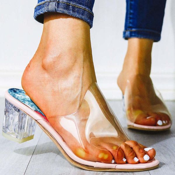 

gigifox 2020 large size 32-44 transprent pvc square heels elegant summer ladies slippers women shoes sandal, Black